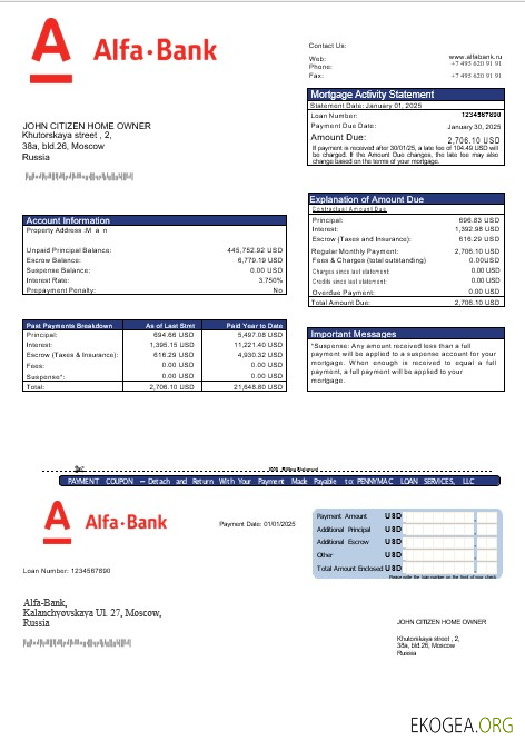 Relevé hypothécaire de la banque Alfa Russie aux formats Word et PDF